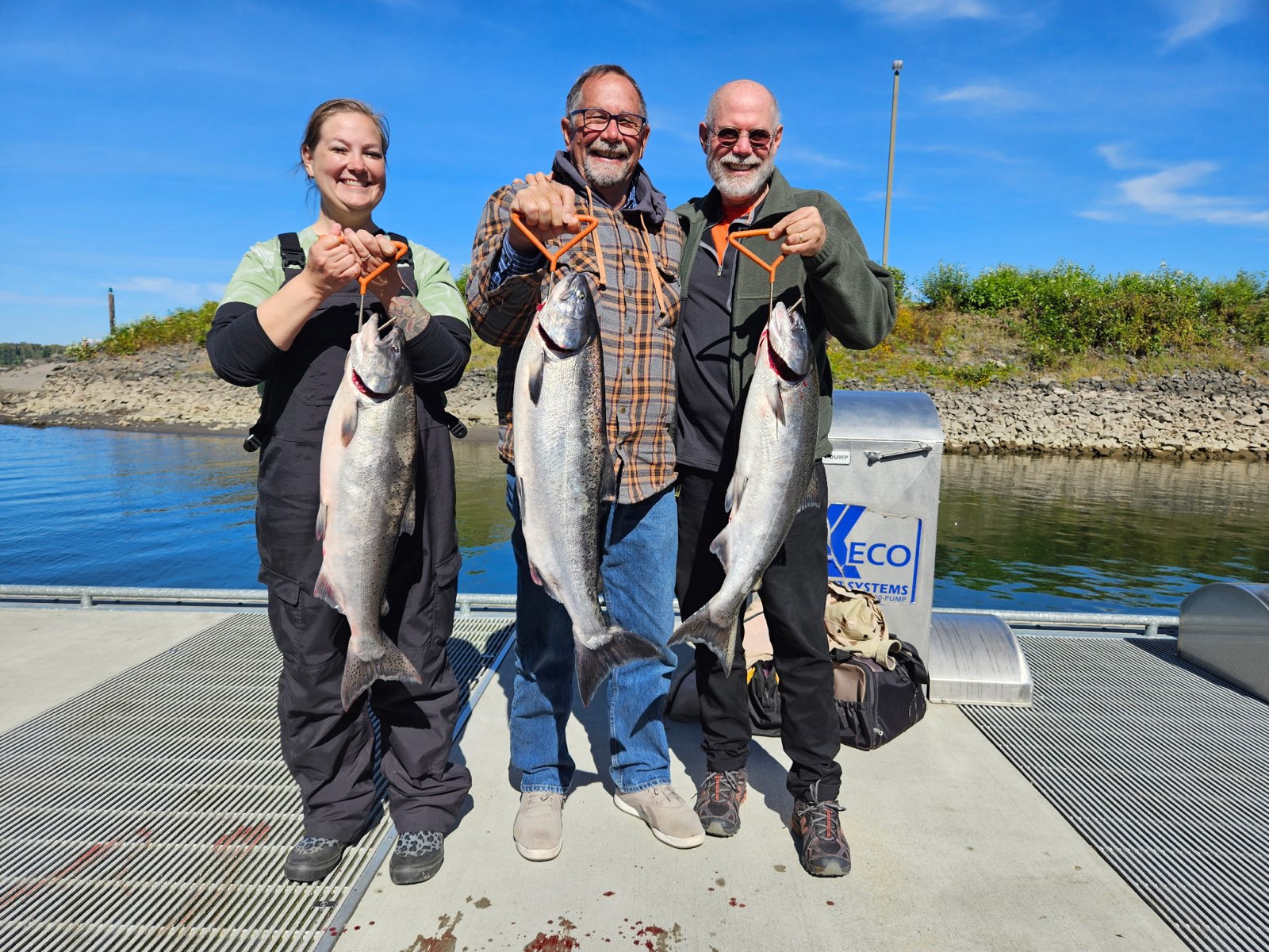 Three smiling anglers each holding a Chinook salmon at the boat ramp after a guided Columbia River salmon trip.