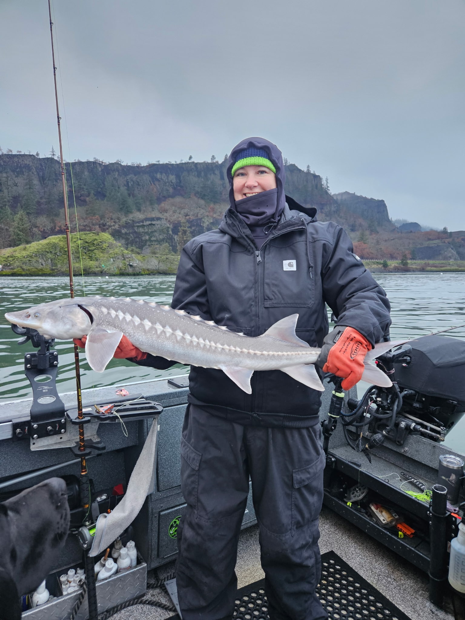 Client holding a Columbia River white sturgeon caught on a guided trip with Tony O Guided Adventure, basalt cliffs of the Columbia Gorge behind.