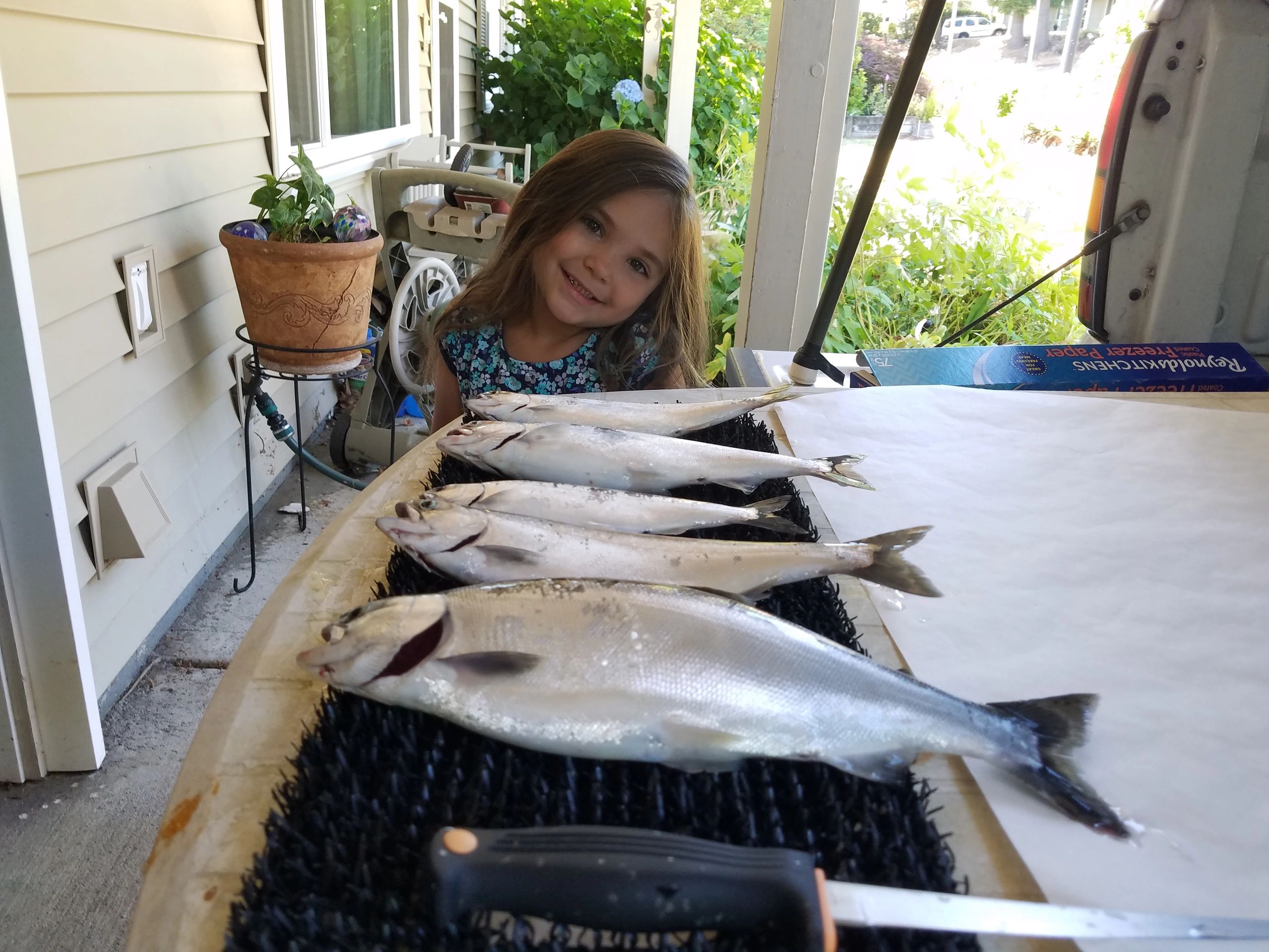 A young girl smiles next to three Chinook salmon brought home from a guided trip with Tony O Guided Adventure.