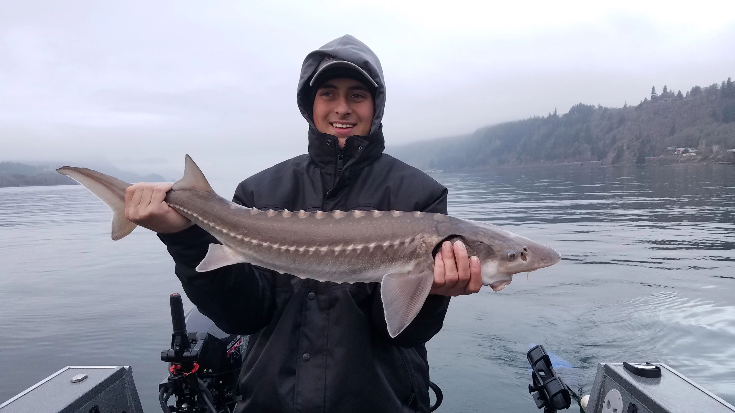 A young angler in a black jacket holds a large white sturgeon on Tony's boat, Columbia Gorge in the misty distance.